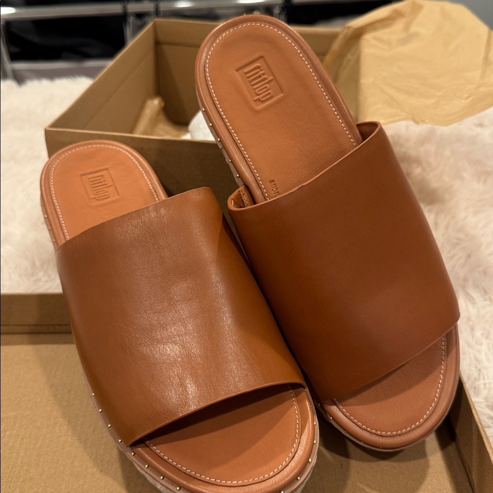 FITFLOP ELOISE ESPADRILLE WEDGES TAN LEATHER